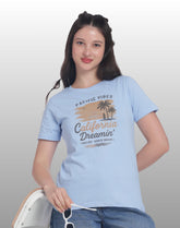 Womens Regular Fit Cotton Printed Tshirt - CALIFORNIA-LIGHT BLUE