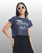 Womens Crop TOP Cotton Printed Tshirt - RIDERS NAVY