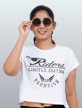 Womens Crop TOP Cotton Printed Tshirt - YOUNGISH WHITE