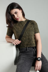 Womens Crop TOP Acid wash cotton Tshirt - Olive