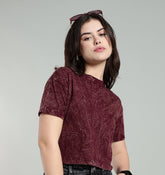 Womens Crop TOP Acid wash cotton Tshirt - WINE