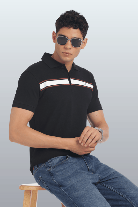 Men's Cotton Rich Polo T Shirt Regular Fit - BLACK STRIPE PRINT
