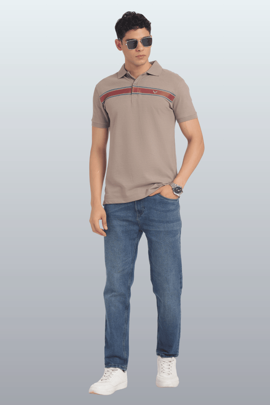 Men's Cotton Rich Polo T Shirt Regular Fit - BEIGE STRIPE PRINT