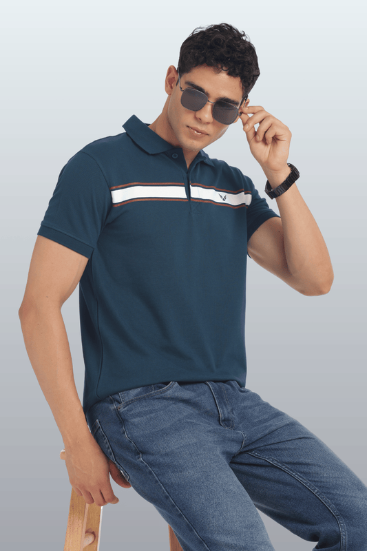 Men's Cotton Rich Polo T Shirt Regular Fit - PEACOCK STRIPE PRINT