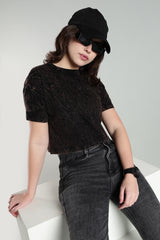 Womens Crop TOP Acid wash cotton Tshirt - Black