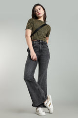 Womens Crop TOP Acid wash cotton Tshirt - Olive