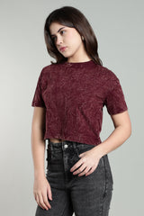 Womens Crop TOP Acid wash cotton Tshirt - WINE