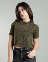 Womens Crop TOP Acid wash cotton Tshirt - Olive