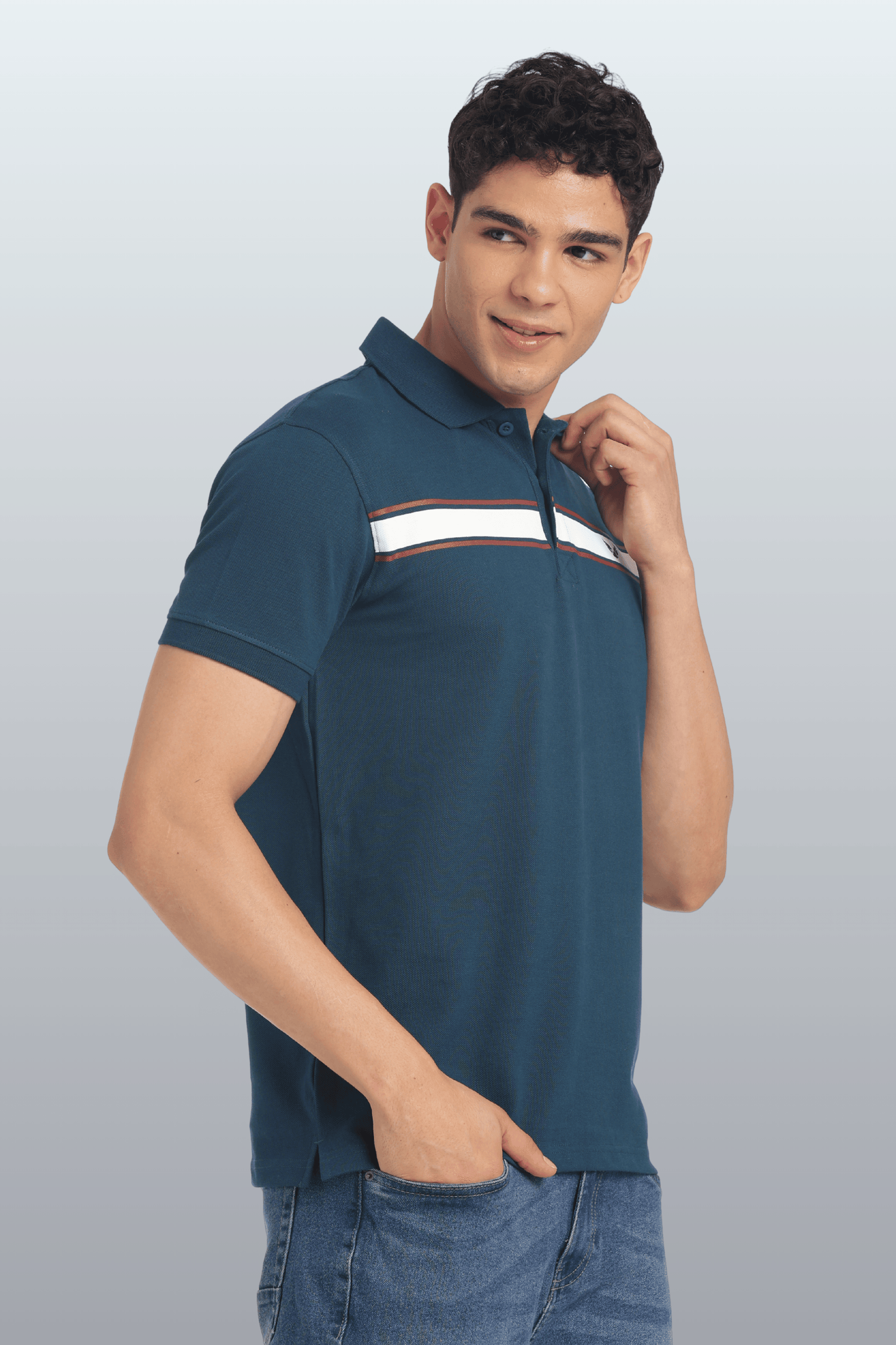 Men's Cotton Rich Polo T Shirt Regular Fit - PEACOCK STRIPE PRINT