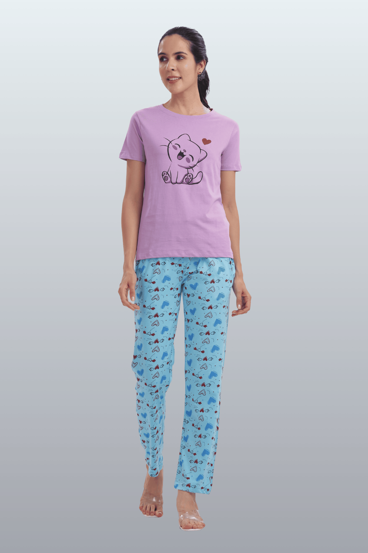 Women's Cotton Printed T-Shirt & Pajama Set | Comfortable Nightwear-CAT LOVE