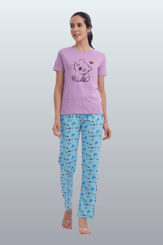 Women's Cotton Printed T-Shirt & Pajama Set | Comfortable Nightwear-CAT LOVE