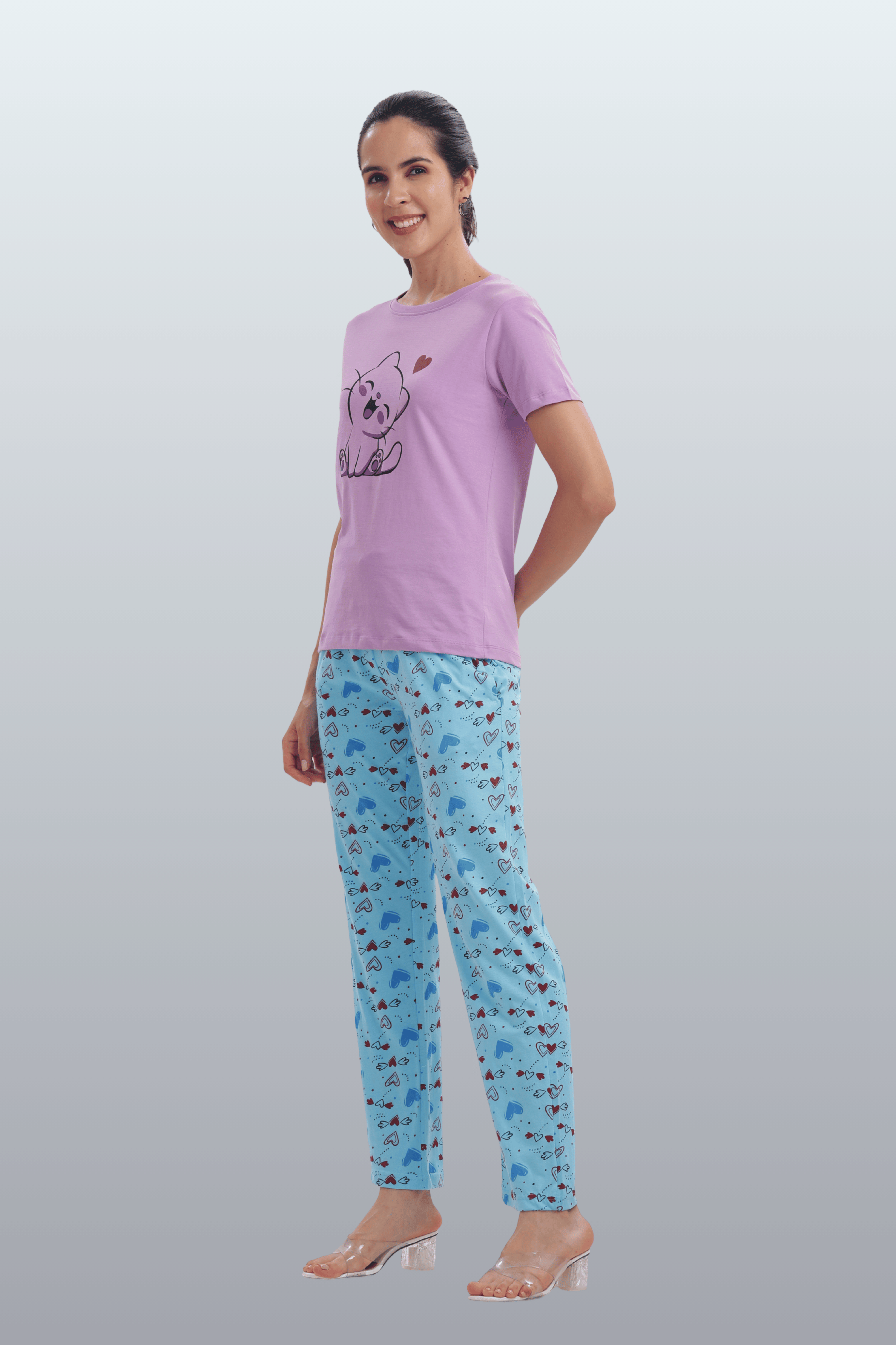 Women's Cotton Printed T-Shirt & Pajama Set | Comfortable Nightwear-CAT LOVE