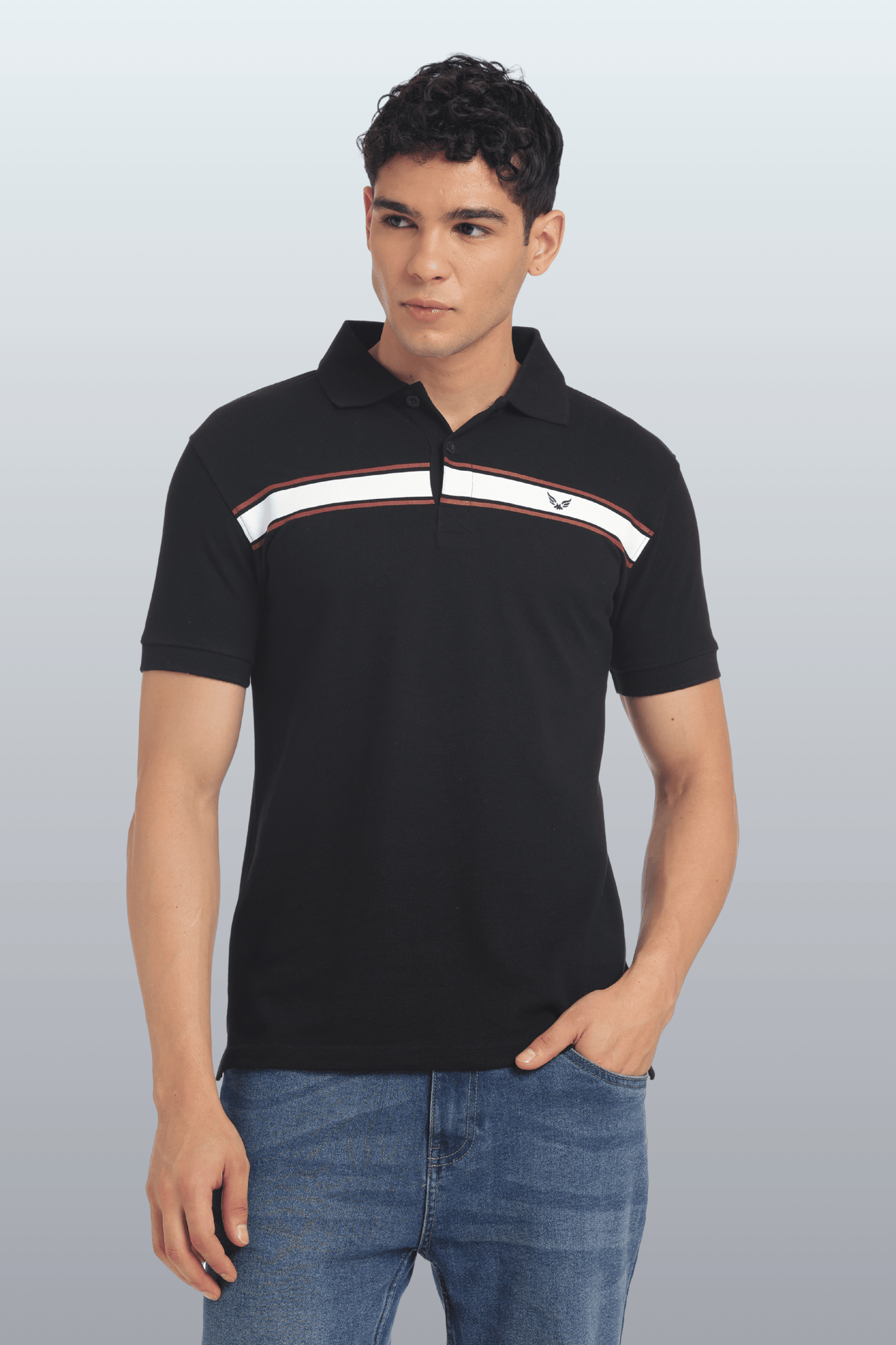 Men's Cotton Rich Polo T Shirt Regular Fit - BLACK STRIPE PRINT