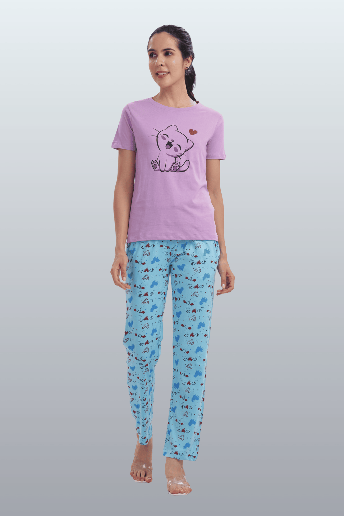 Women's Cotton Printed T-Shirt & Pajama Set | Comfortable Nightwear-CAT LOVE