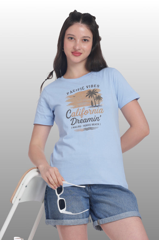 Womens Regular Fit Cotton Printed Tshirt - CALIFORNIA-LIGHT BLUE