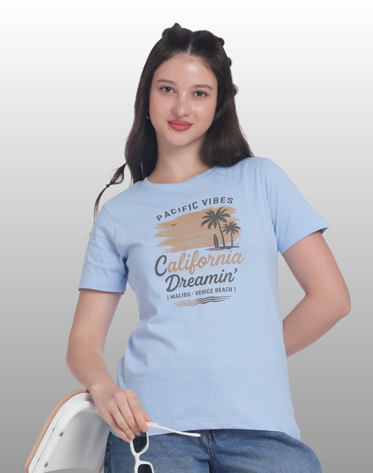 Womens Regular Fit Cotton Printed Tshirt - CALIFORNIA-LIGHT BLUE