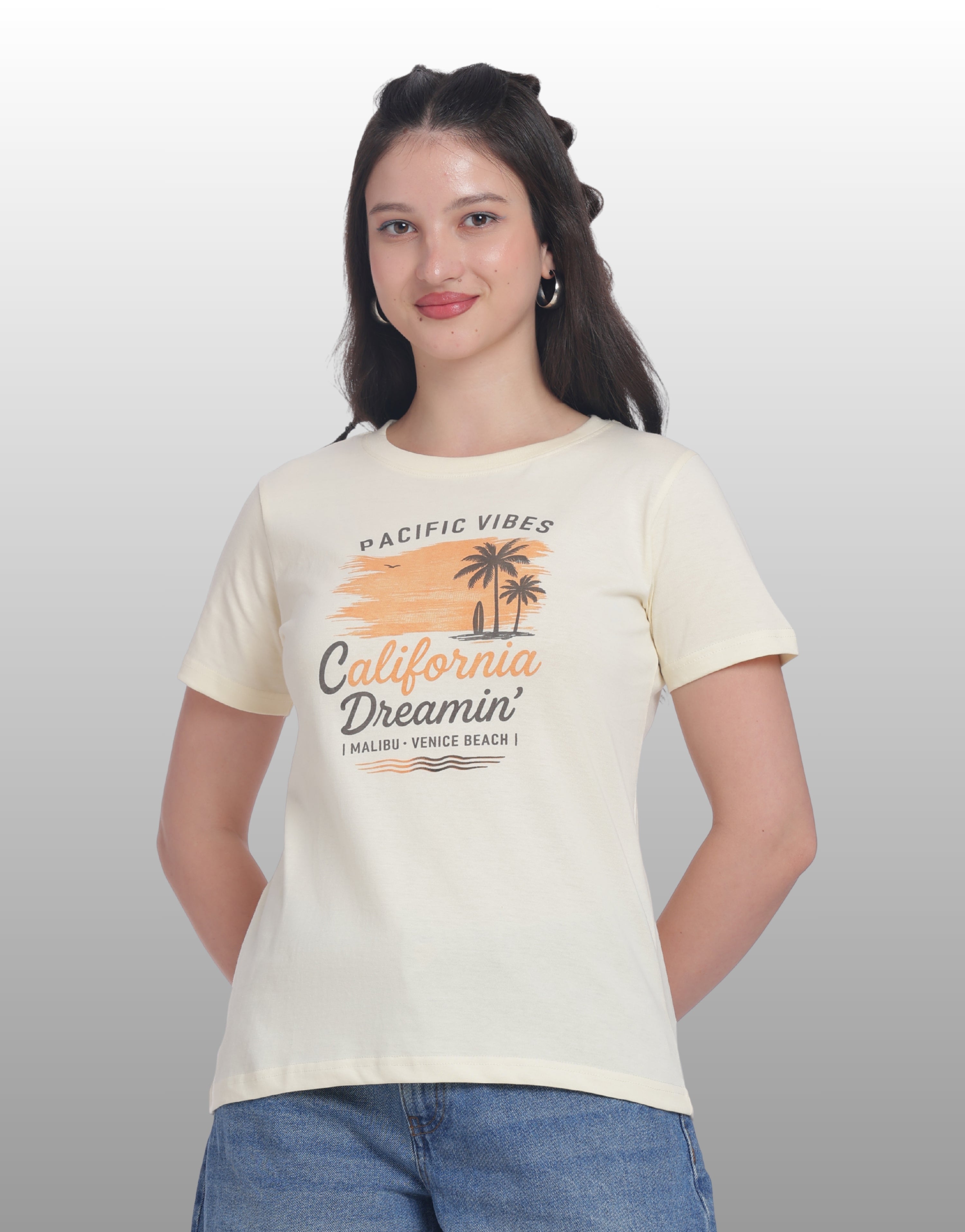 Womens Regular Fit Cotton Printed Tshirt - CALIFORNIA-CREAM