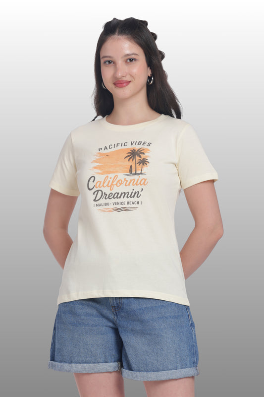 Womens Regular Fit Cotton Printed Tshirt - CALIFORNIA-CREAM