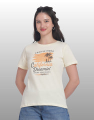 Womens Regular Fit Cotton Printed Tshirt - CALIFORNIA-CREAM
