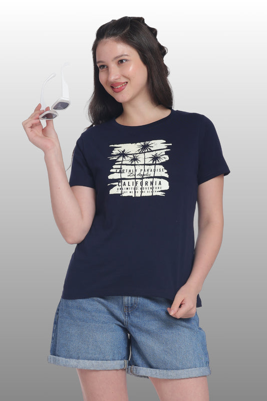 Womens Regular Fit Cotton Printed Tshirt - CALIFORNIA-NAVY