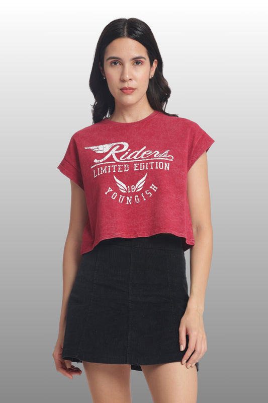 Womens Crop TOP Cotton Printed Tshirt - RIDERS BUGUNDY