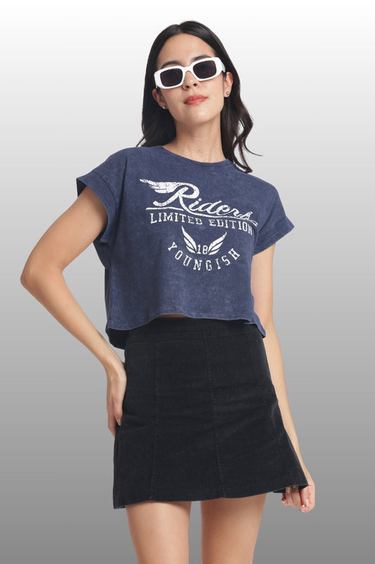Womens Crop TOP Cotton Printed Tshirt - RIDERS NAVY