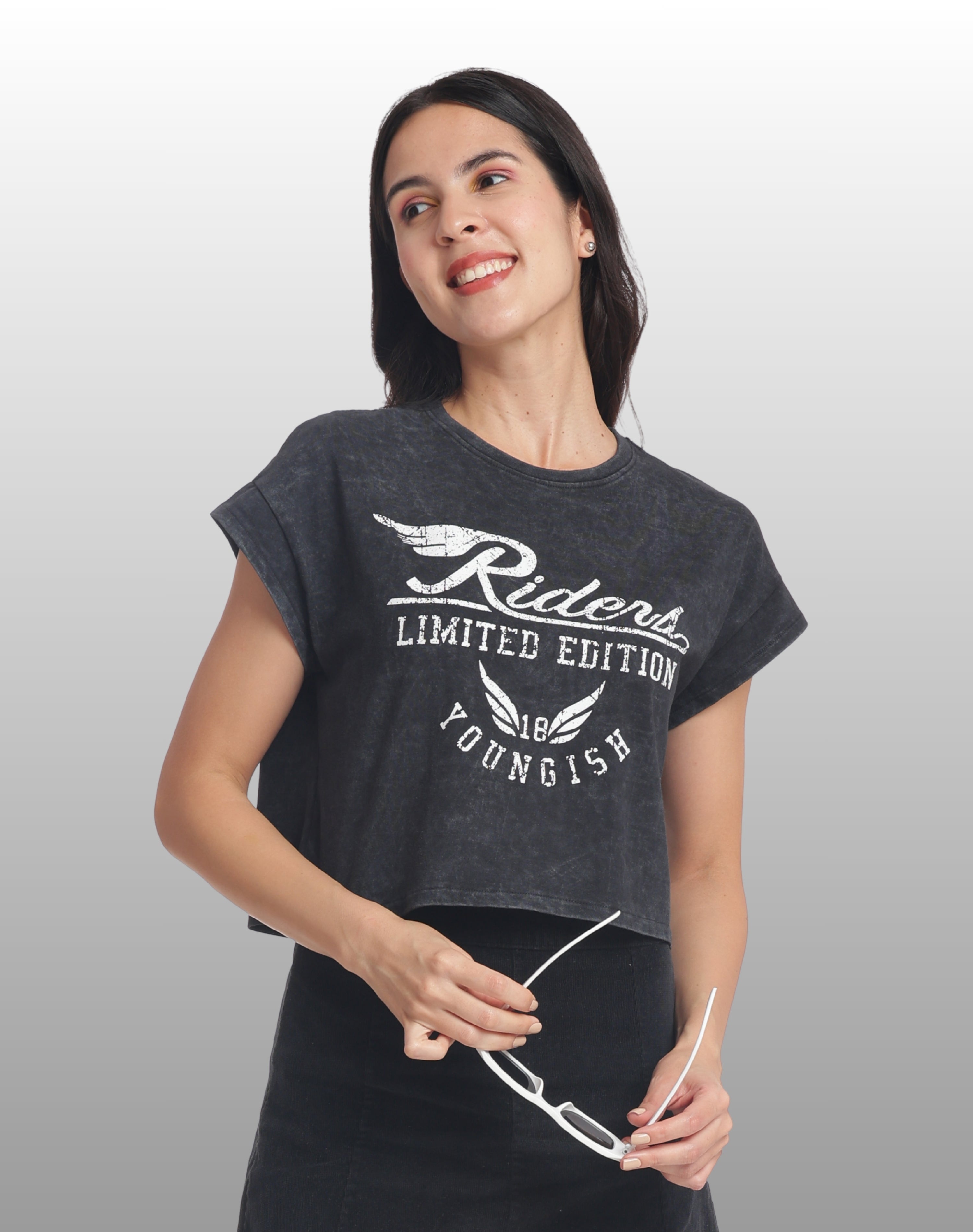 Womens Crop TOP Cotton Printed Tshirt - RIDERS BLACK