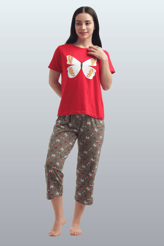 Women's Cotton Printed T-Shirt & Pajama Set | Comfortable Nightwear - BUTTERFLY