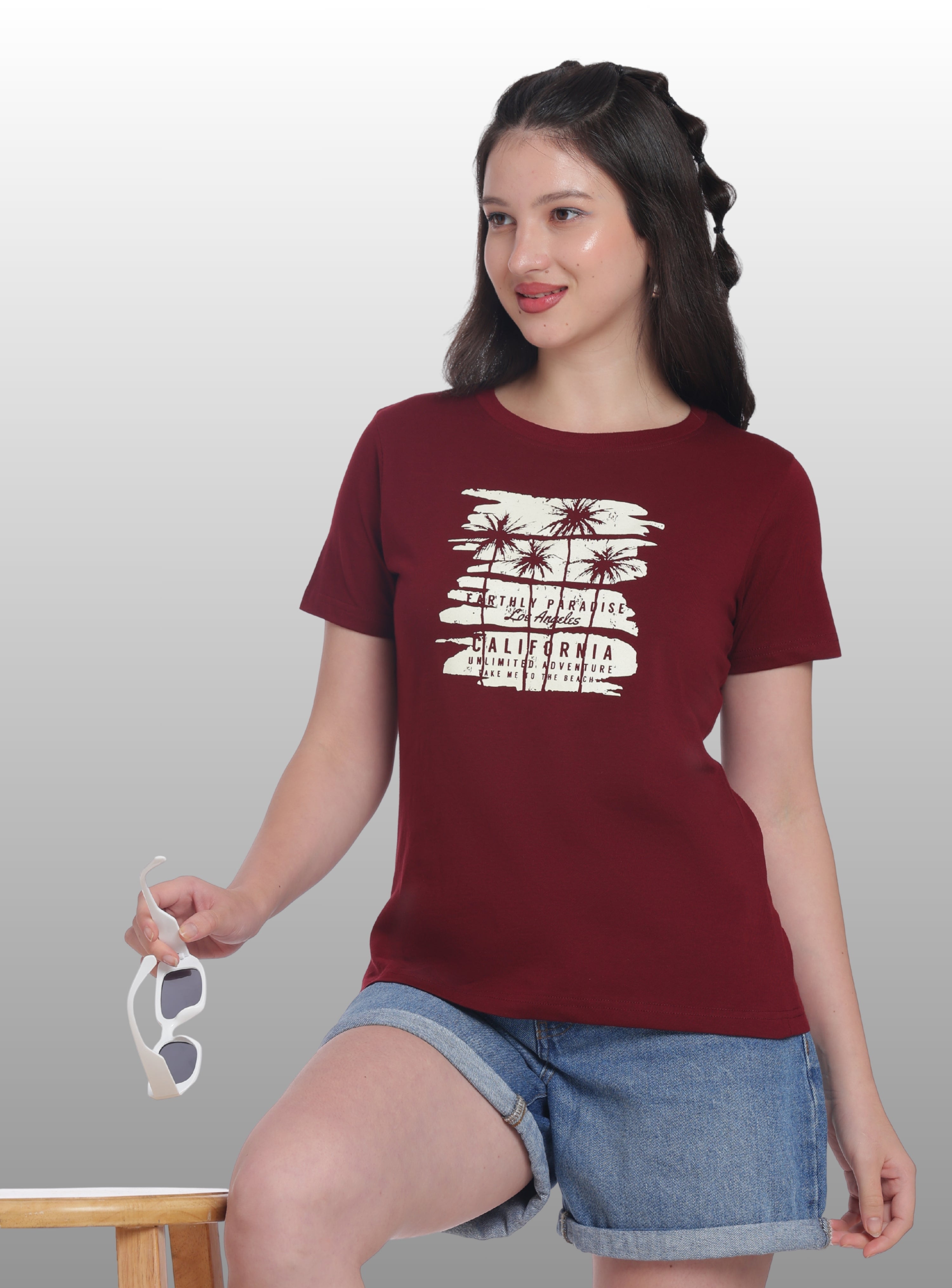 Womens Regular Fit Cotton Printed Tshirt - CALIFORNIA-MAROON