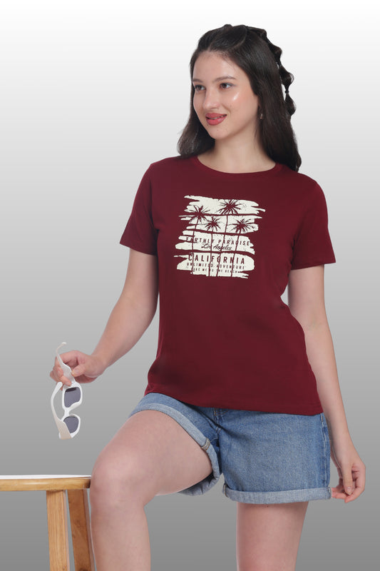 Womens Regular Fit Cotton Printed Tshirt - CALIFORNIA-MAROON