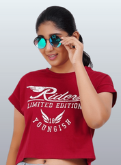 Womens Crop TOP Cotton Printed Tshirt - YOUNGISH BURGUNDY