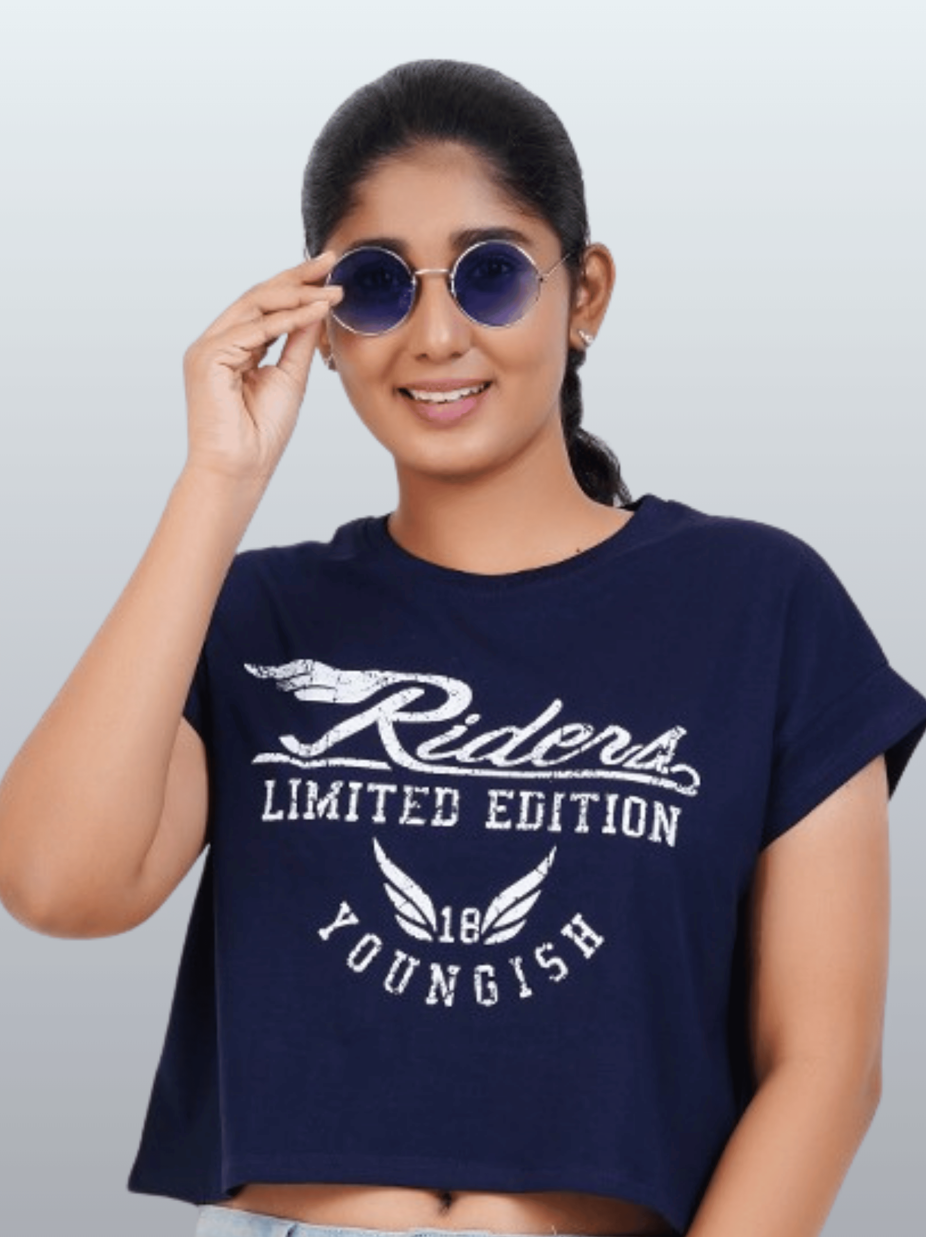 Womens Crop TOP Cotton Printed Tshirt - YOUNGISH NAVY