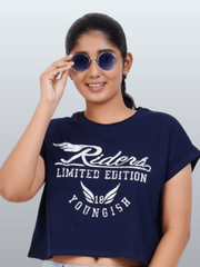 Womens Crop TOP Cotton Printed Tshirt - YOUNGISH NAVY