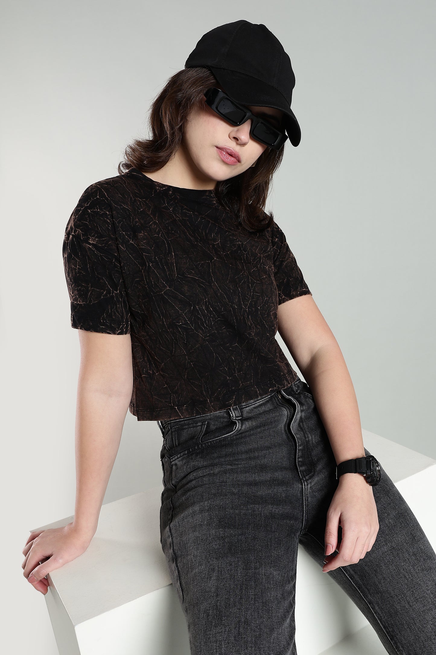 Womens Crop TOP Acid wash cotton Tshirt - Black