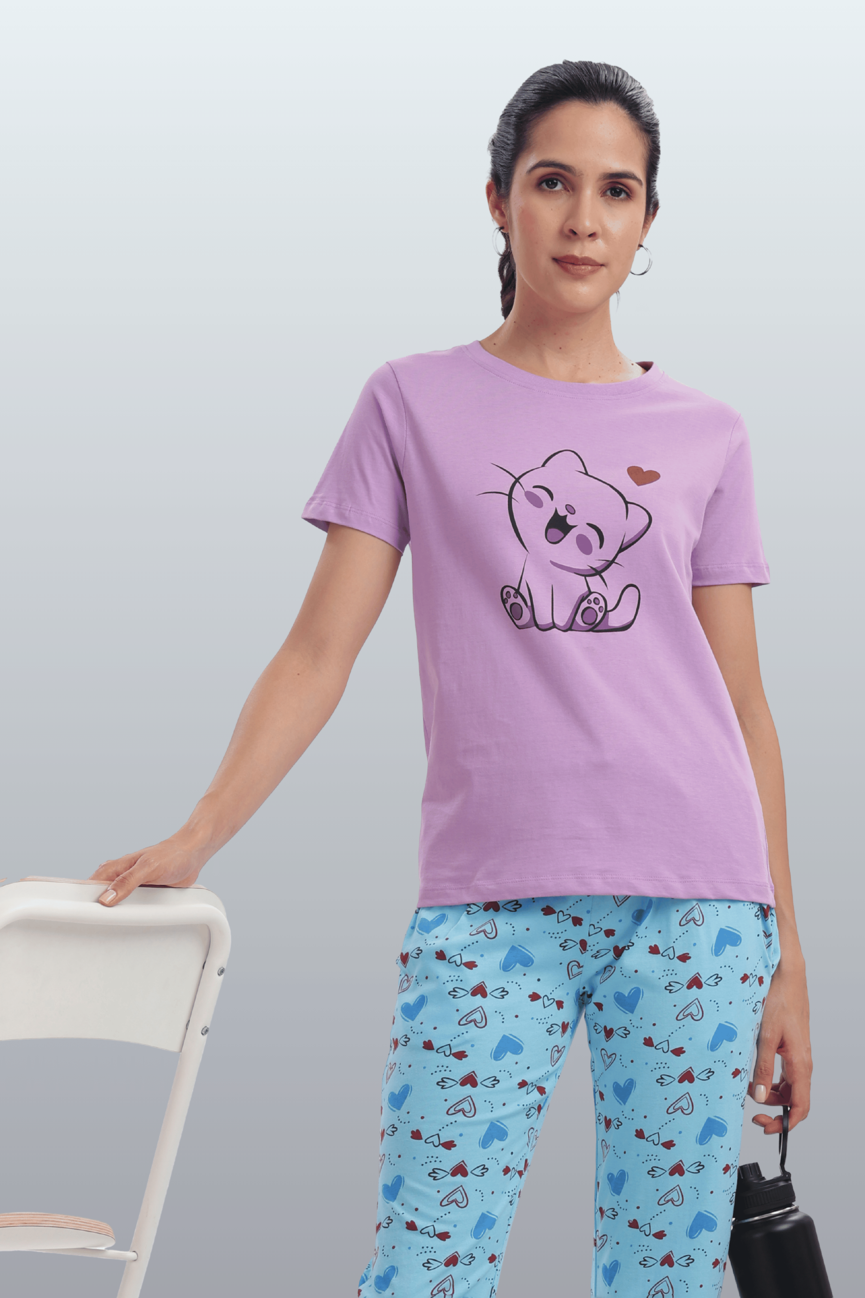 Women's Cotton Printed T-Shirt & Pajama Set | Comfortable Nightwear-CAT LOVE