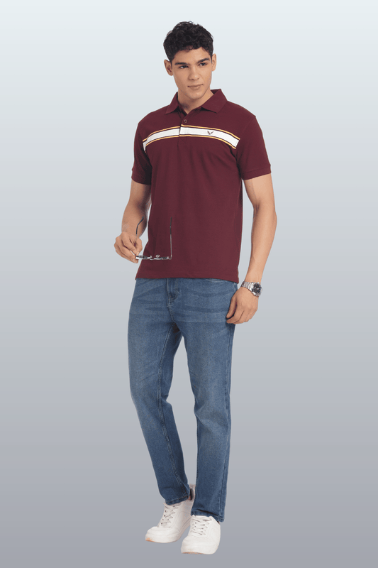 Men's Cotton Rich Polo T Shirt Regular Fit - MAROON STRIPE PRINT