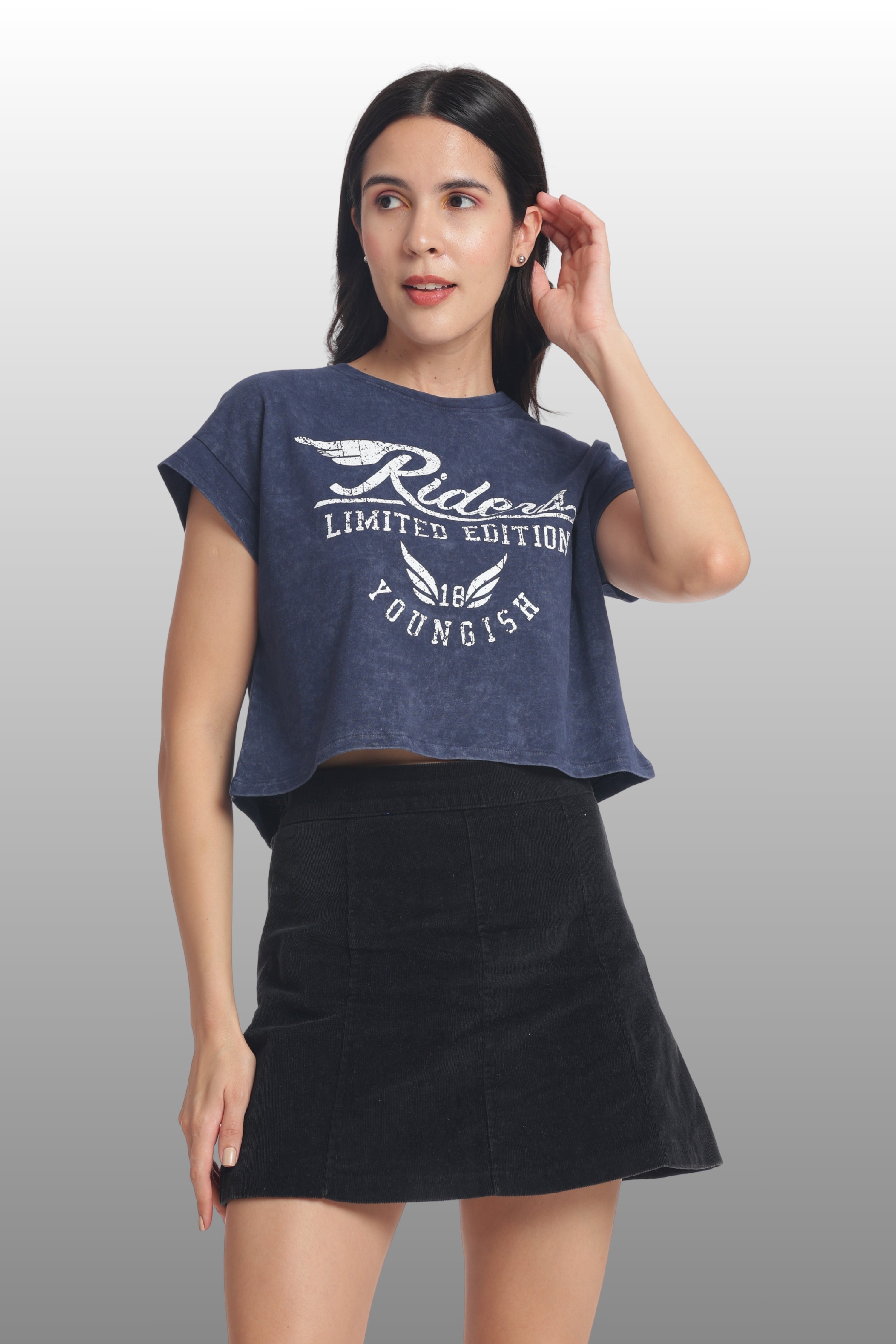 Womens Crop TOP Cotton Printed Tshirt - RIDERS NAVY