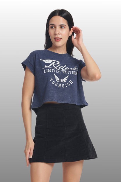 Womens Crop TOP Cotton Printed Tshirt - RIDERS NAVY