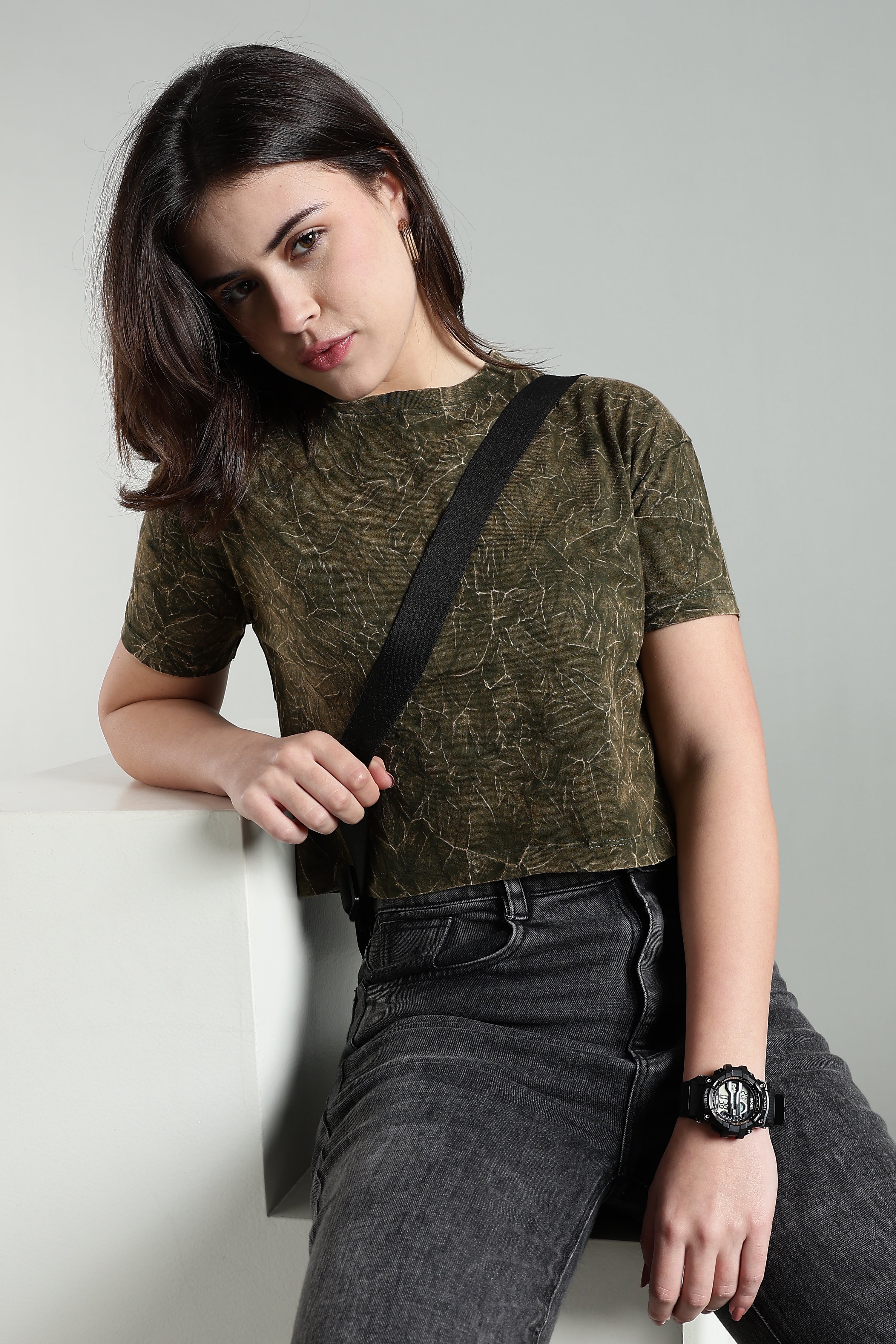 Womens Crop TOP Acid wash cotton Tshirt - Olive