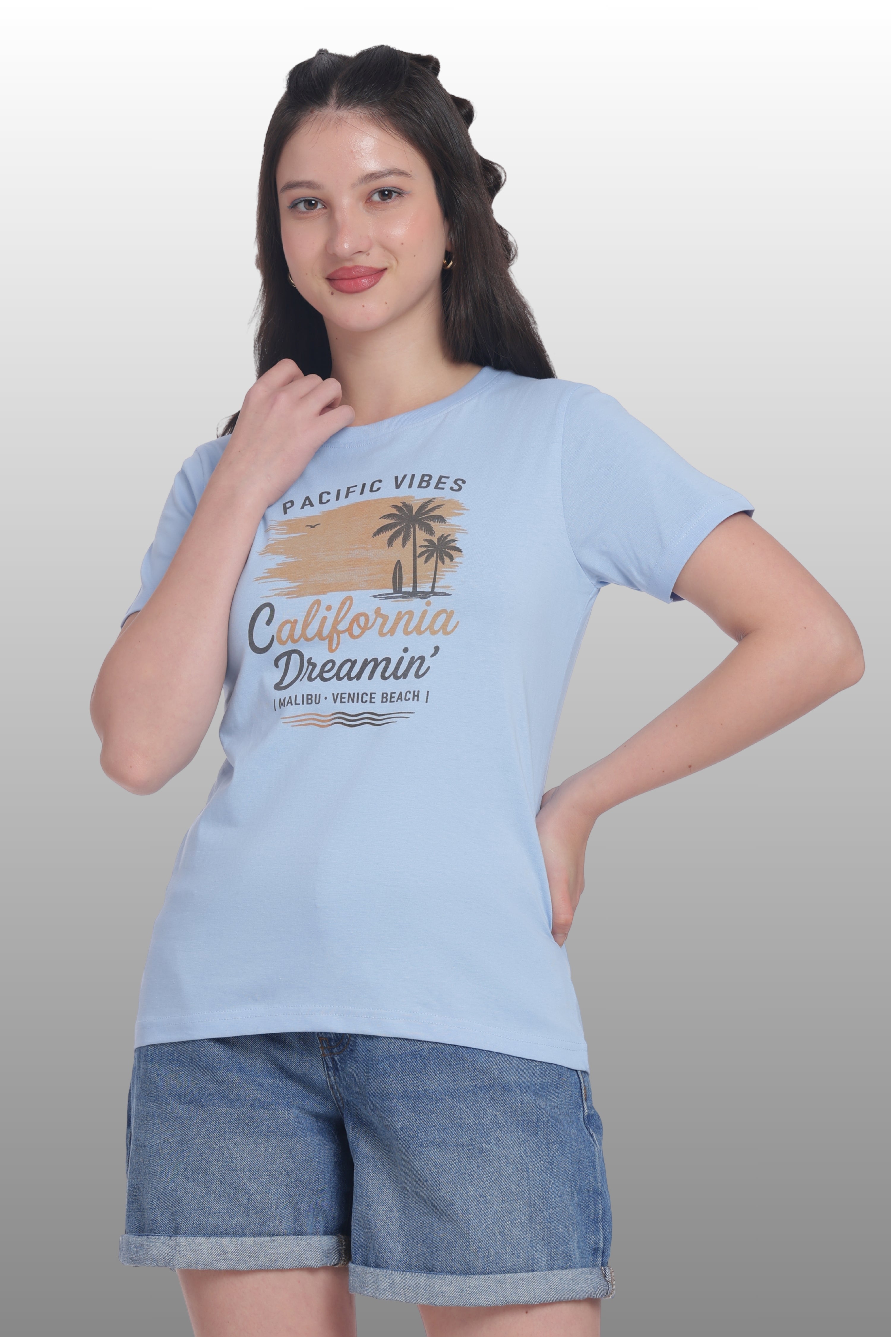 Womens Regular Fit Cotton Printed Tshirt - CALIFORNIA-LIGHT BLUE