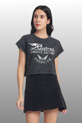 Womens Crop TOP Cotton Printed Tshirt - RIDERS BLACK