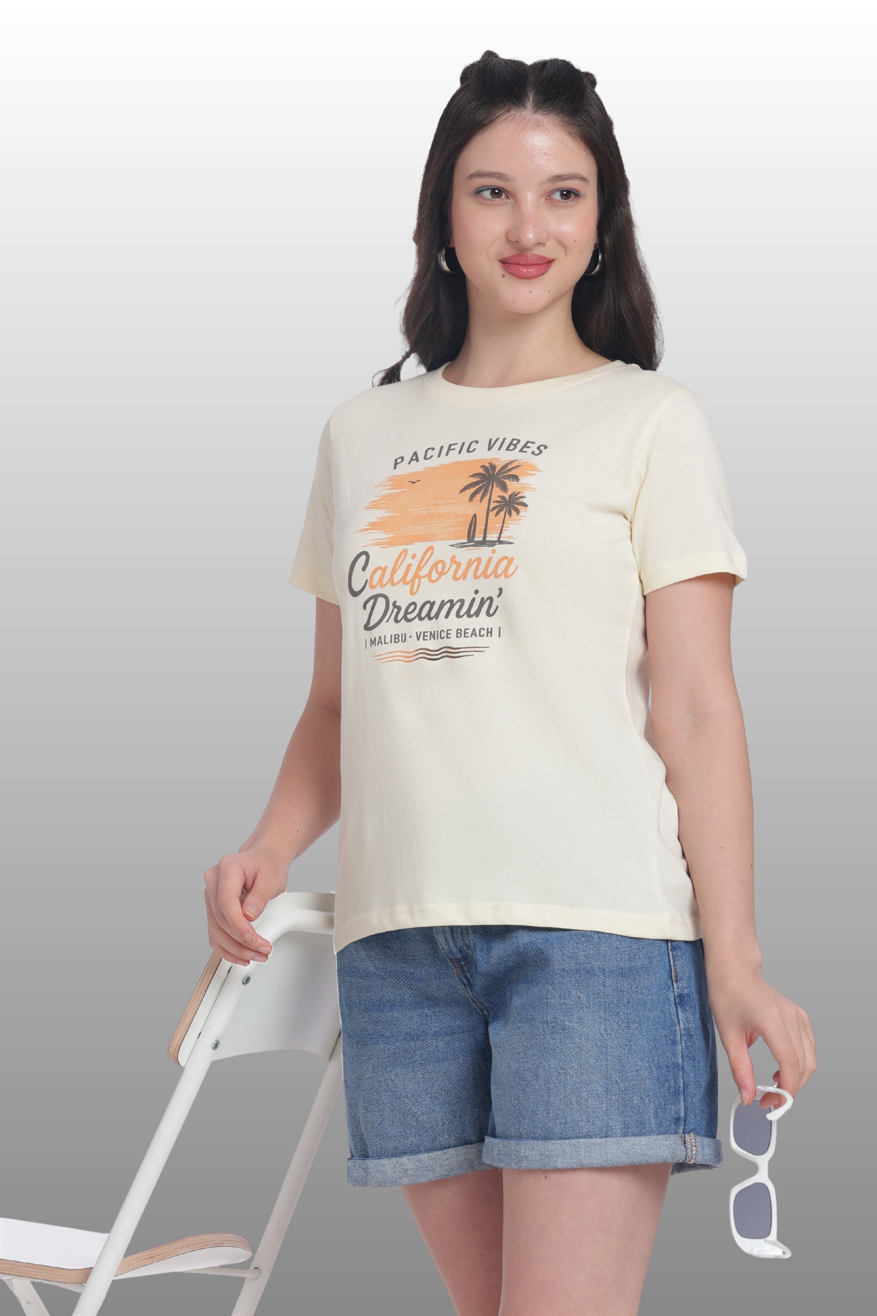 Womens Regular Fit Cotton Printed Tshirt - CALIFORNIA-CREAM