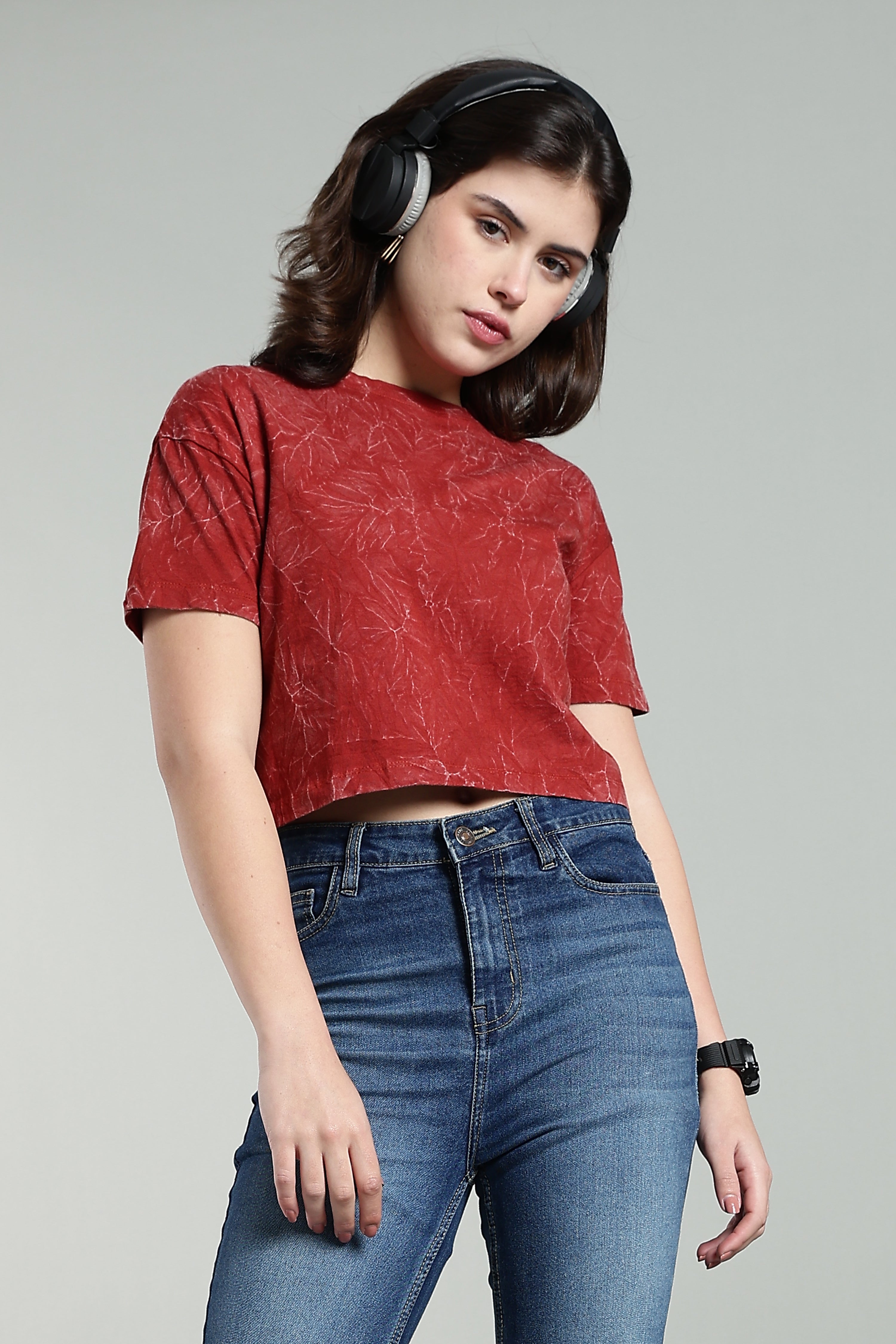 Womens Crop TOP Acid wash cotton Tshirt - RUST