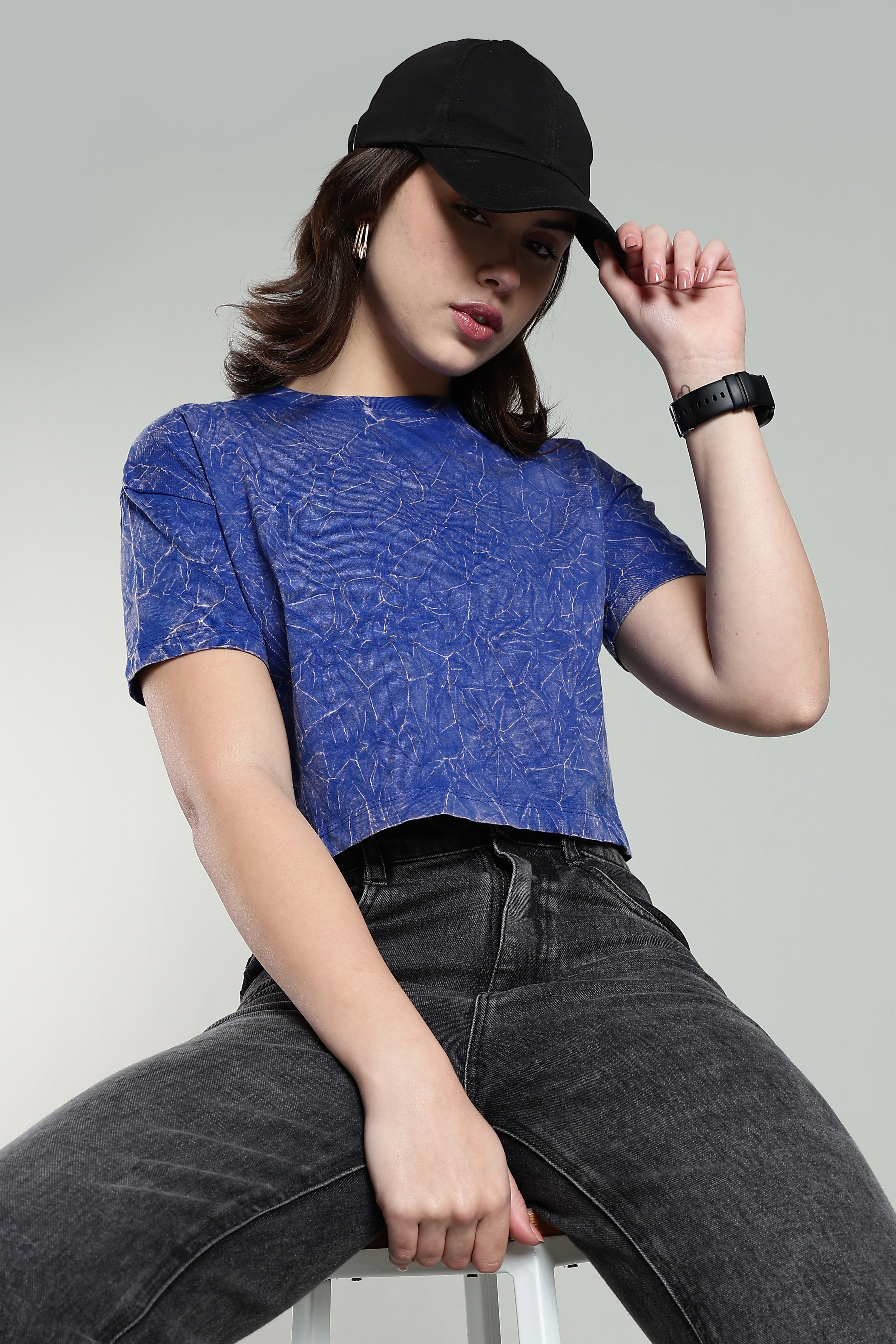 Womens Crop TOP Acid wash cotton Tshirt - ROYAL BLUE
