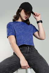 Womens Crop TOP Acid wash cotton Tshirt - ROYAL BLUE