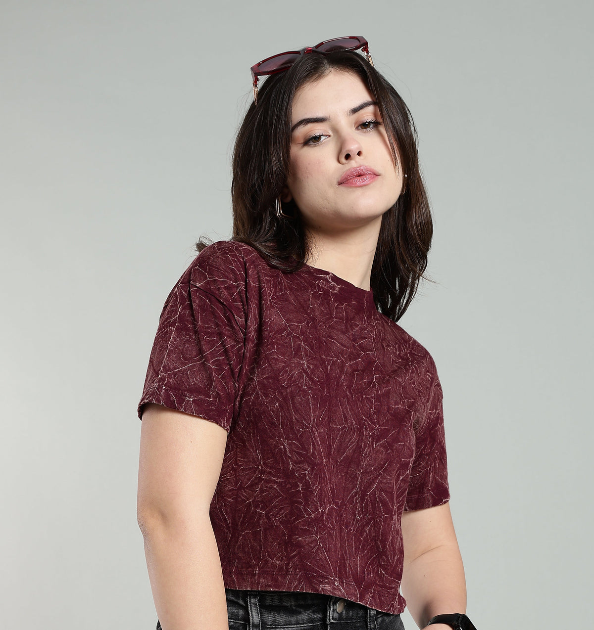 Womens Crop TOP Acid wash cotton Tshirt - WINE