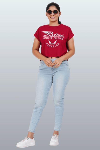 Womens Crop TOP Cotton Printed Tshirt - YOUNGISH BURGUNDY