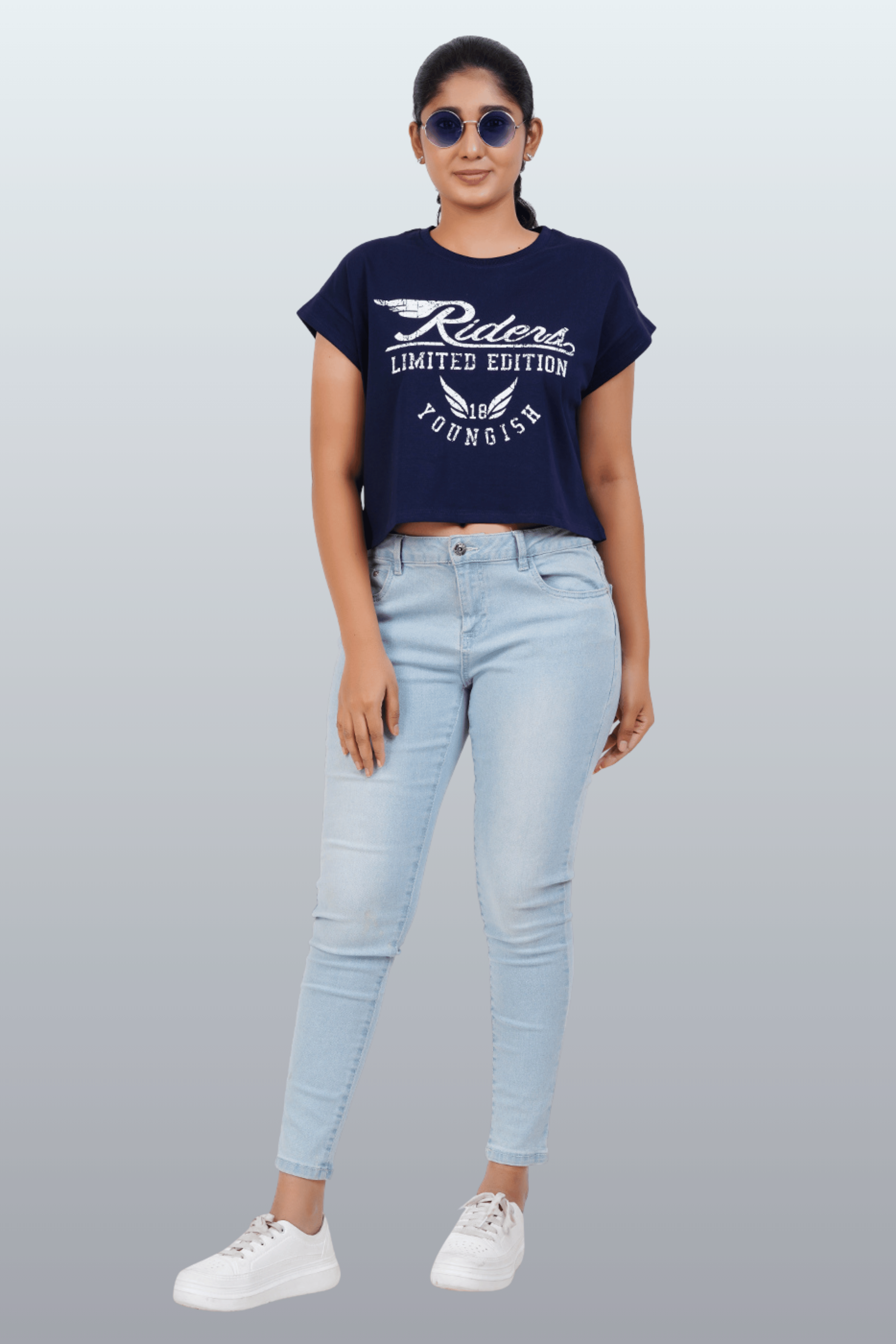 Womens Crop TOP Cotton Printed Tshirt - YOUNGISH NAVY