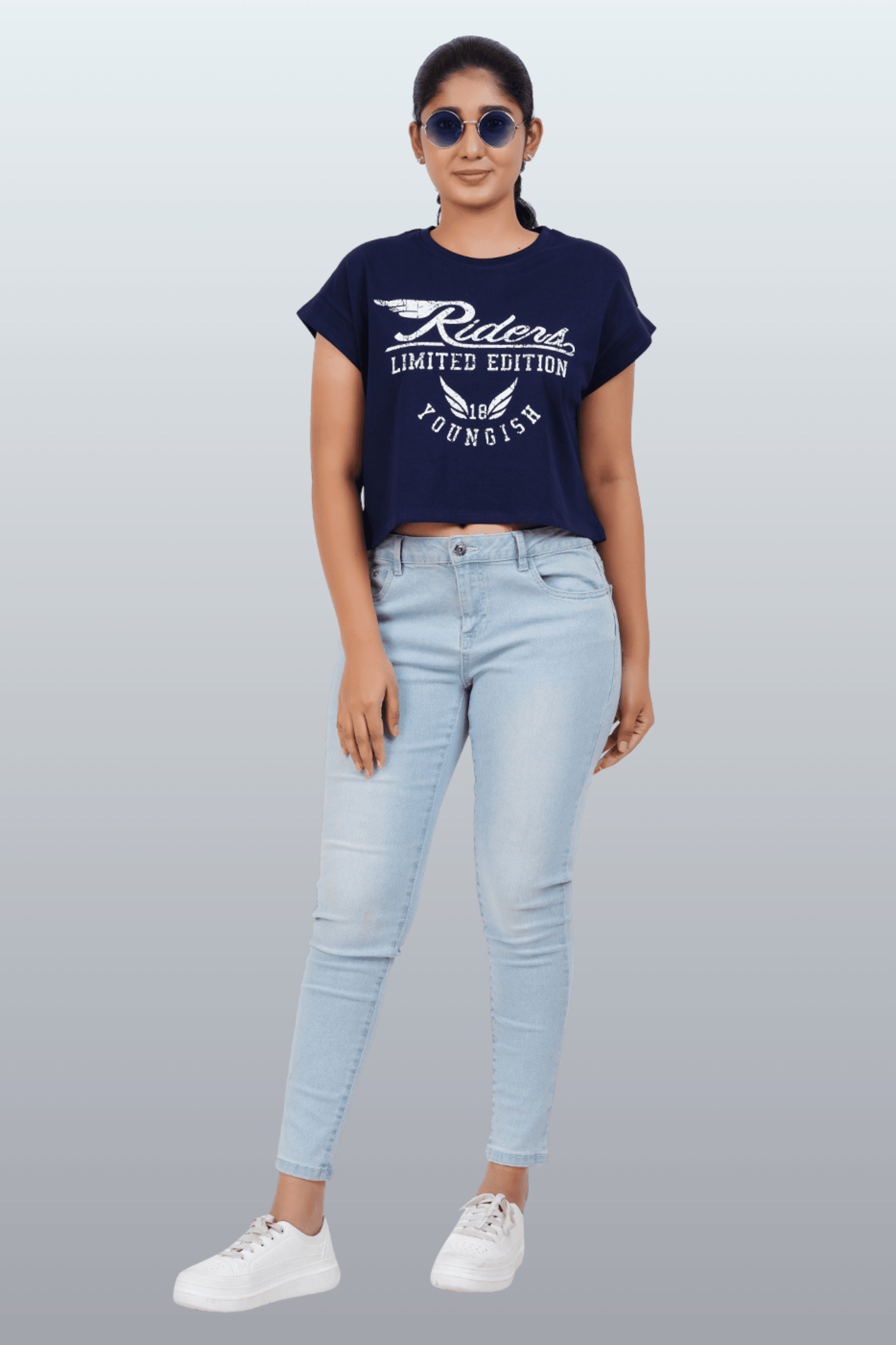 Womens Crop TOP Cotton Printed Tshirt - YOUNGISH NAVY