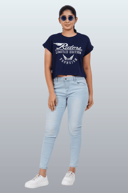 Womens Crop TOP Cotton Printed Tshirt - YOUNGISH NAVY